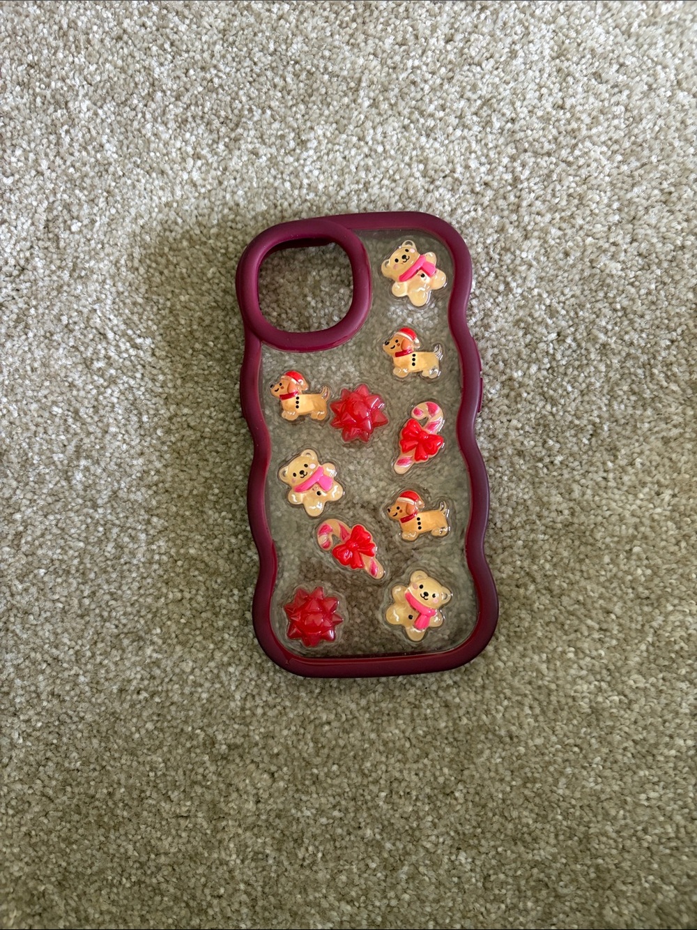 T.J.Maxx Burgundy Trim Clear Phone Case with Festive Gingerbread and Red Bows